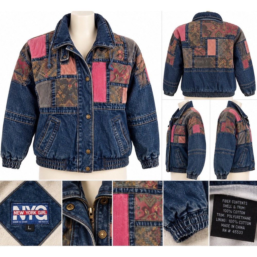 Vintage 90s NYC Girl Patchwork Denim Jacket Womens L Corduroy 80s Grandma